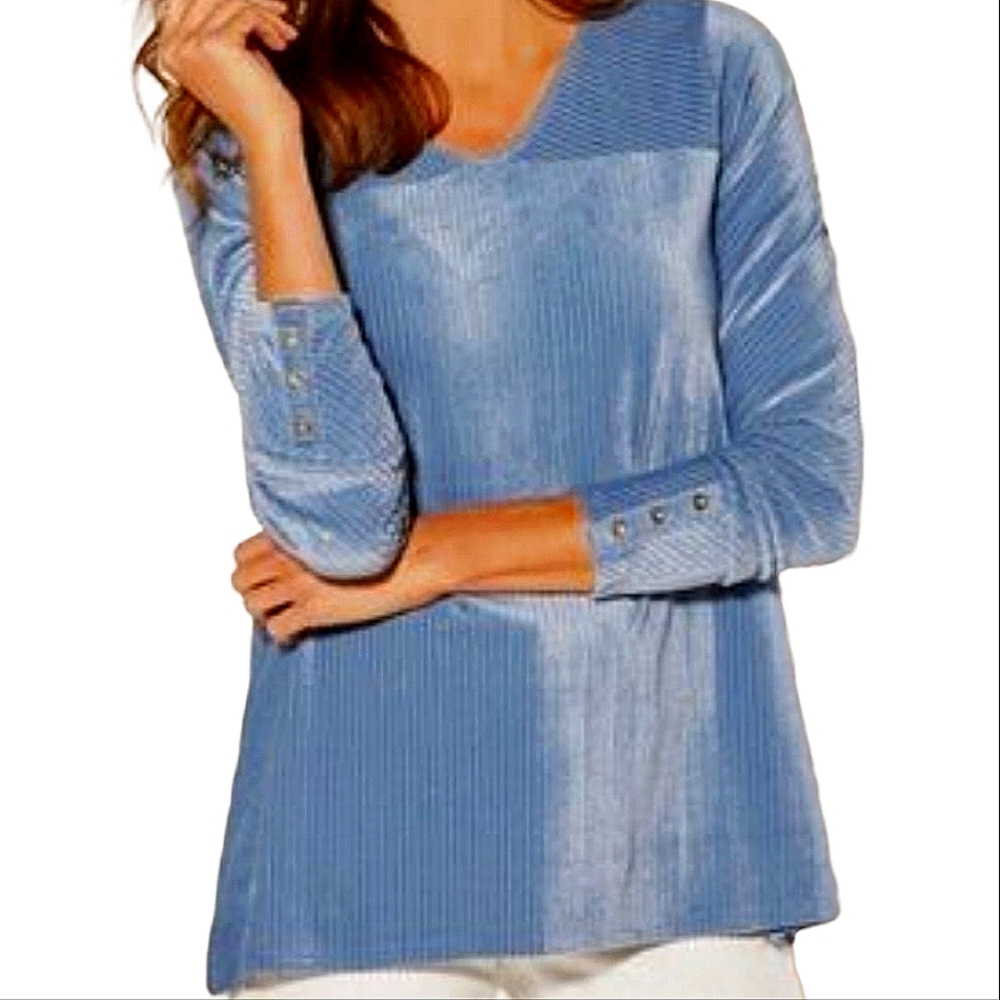 Soft Surroundings Women's Size Medium Top Shirt Velour Pullover Blue Ribbed Lucy